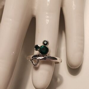 Silver Adjustable Ring with Emerald Green Mickey Icon. NWOT